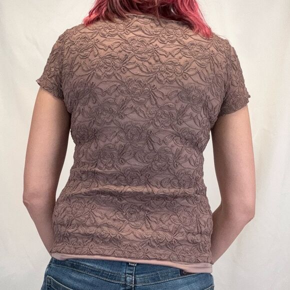 la vanya Women's Lace Overlay Jeweled Neck Tee T Shirt S SM Small Purple Stretch - Picture 2 of 12